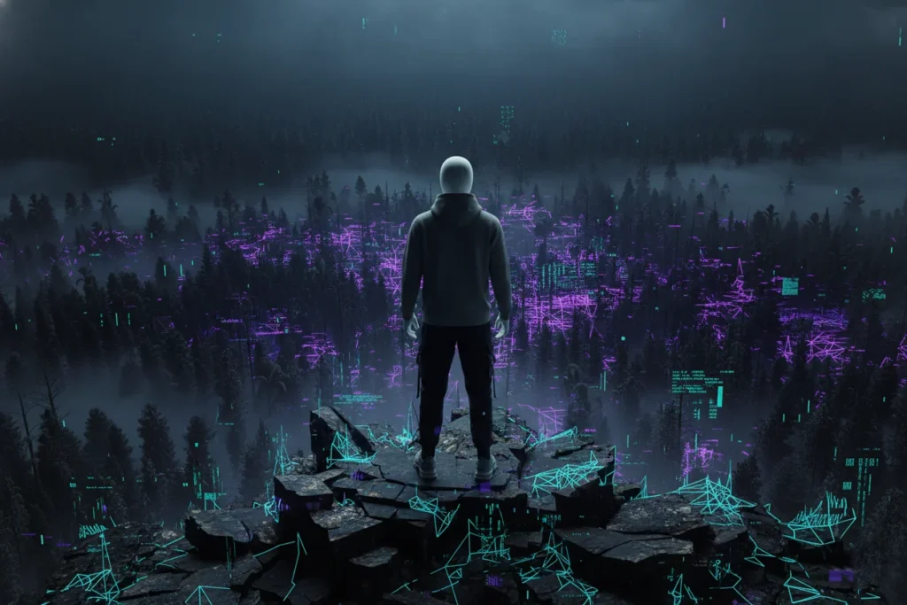 The Anchor watching a forest dissolve into wireframe grids.