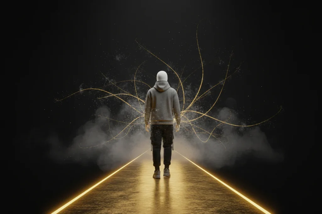 The Anchor walking a glowing path while other timelines fade away.