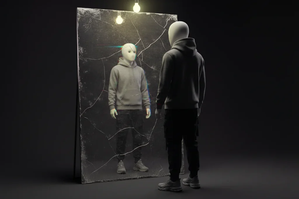 A person in a gray hoodie looking into a mirror where the reflection is lagging behind.