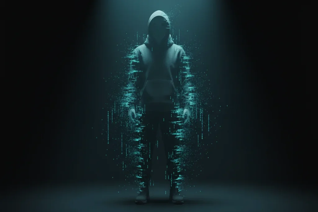 A figure in a gray hoodie dissolving into digital code, representing the simulation glitching.