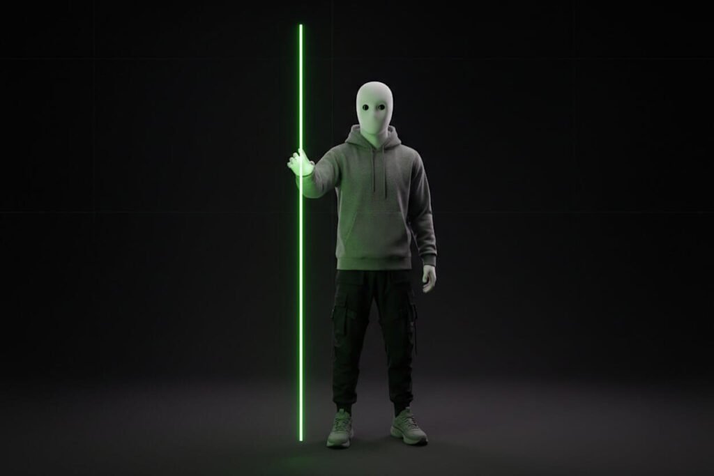 The Anchor character standing in a digital void, representing the awakening to simulation theory and quantum consciousness.