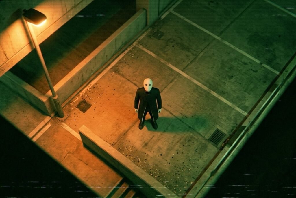 A figure seen from high above standing on concrete and casting no shadow beneath a hard overhead light