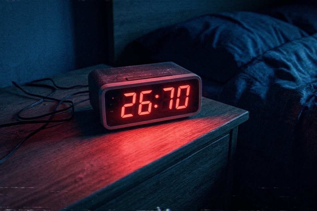 A digital alarm clock glowing red in a dark bedroom, displaying a time that cannot exist No character reference needed.