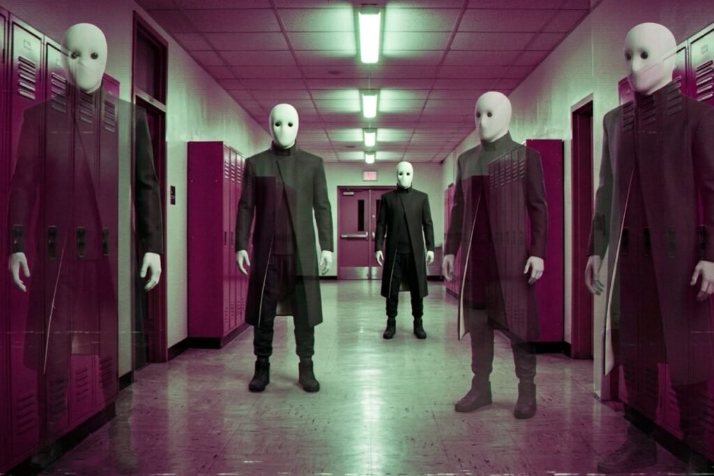 Multiple faded copies of the same figure standing at different depths in one corridor, illustrating branch decoherence No character reference needed.