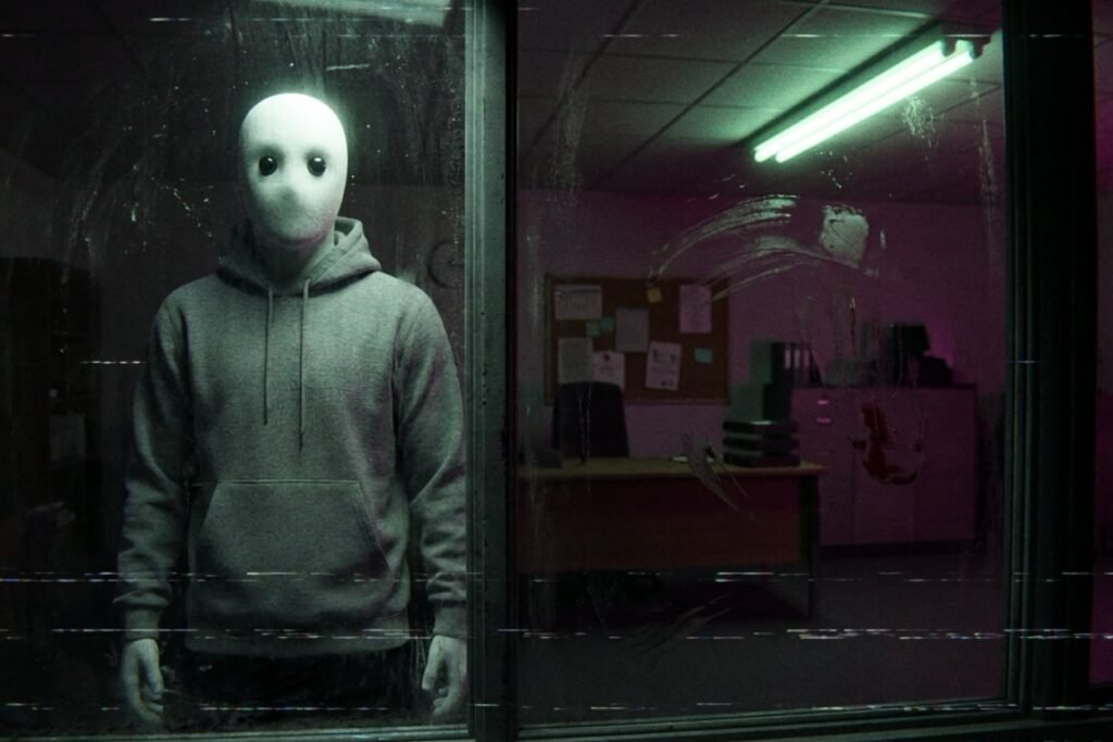 The Observer visible only as a reflection in a dark office window while the room beyond the glass stands empty