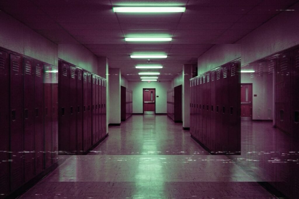 The same corridor rendered three times in slightly offset overlapping layers, illustrating raw experience, narration, and the belief that narration is experience No character reference needed.