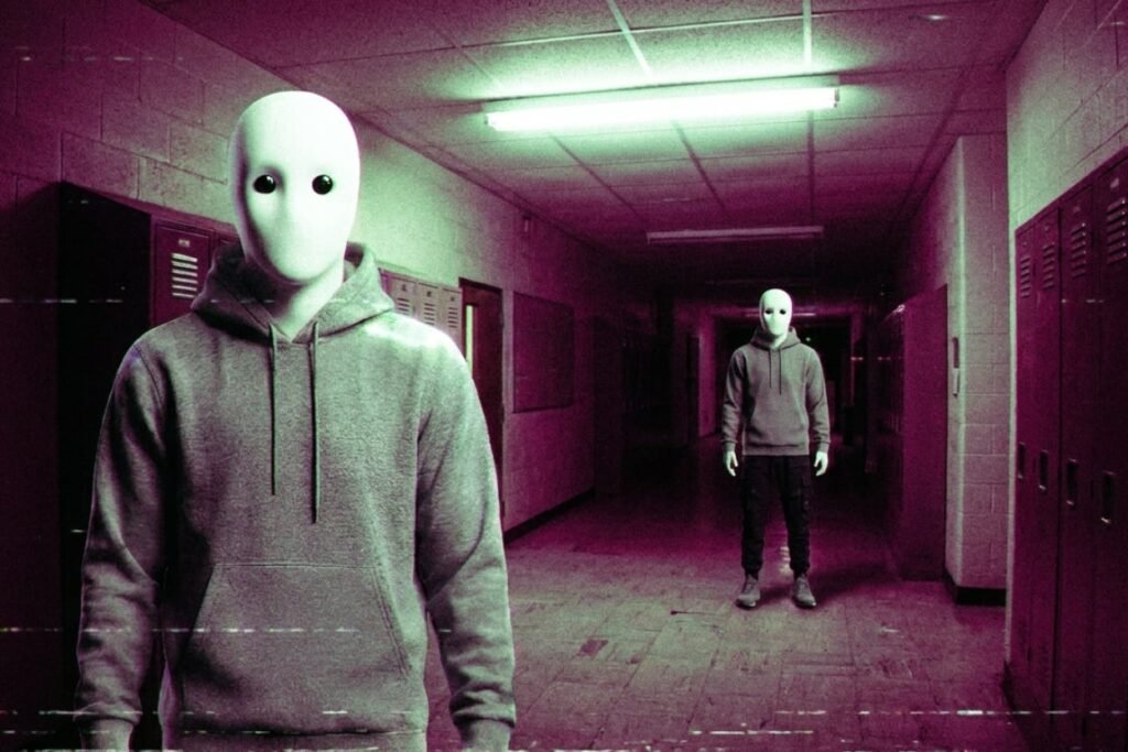 The Observer standing in a strip-lit corridor while a second smaller identical figure stands far behind him, illustrating the inner voice as a separate interface