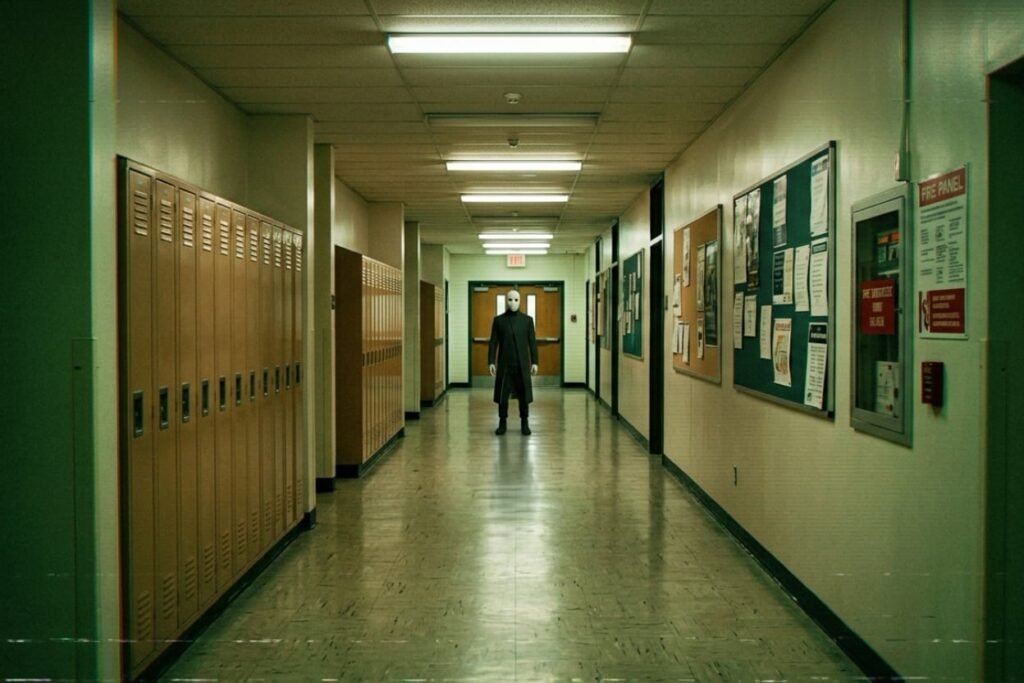 The Observer standing at the far end of a strip-lit institutional corridor with one ceiling light failed, from Archive Log 002-R